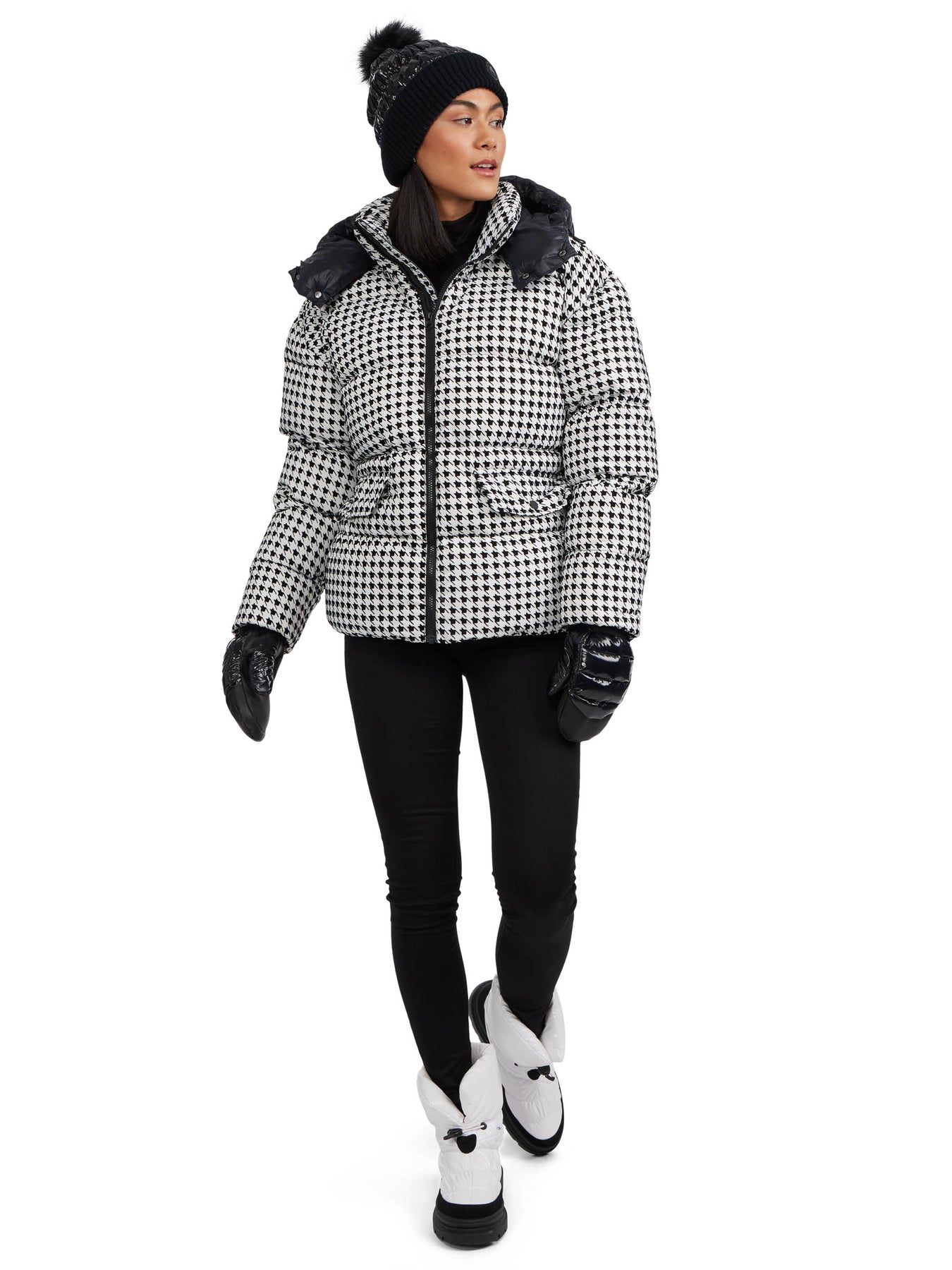 Ascella Women's Boxy Fit Houndstooth Short Puffer Jacket | Pajar 
